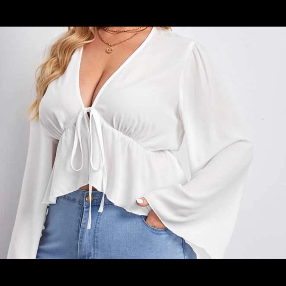 Plus size bell sleeve, tie front peplum top